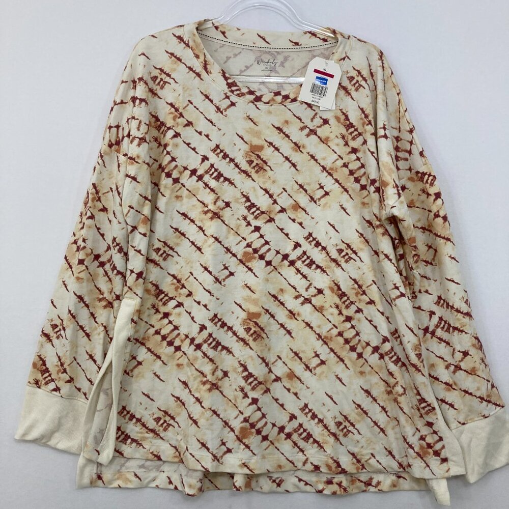 New Wonderly size XL Brown Cream Abstract Stretch Knit‎ Long Sleeve Relaxed Top
